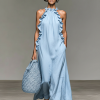 Women's Minimalist Linen-blend Sleeveless Maxi Dress With Ruffle Details MDZ1622A0Y