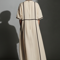Women's Modern Linen Blend Beige Stand-Collar Half-Sleeve Contrast-Line Pocketed Maxi Dress MDA2924L4AU