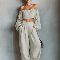 Women's Minimalist Linen Blend Strapless Long-sleeved Blouse And Wide-leg Pants Set MDA1900L7Y