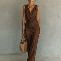 Women's Minimalist Cowl Neck Sleeveless Belted Maxi Dress MDZ1262A0Y