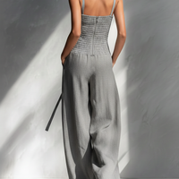 Women's Minimalist Linen Blend Gray Spaghetti-Strap Square-Neck Tie-Waist Wide-Leg Jumpsuit MDA2666L5AU