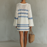 Women's Vacation Style Openwork Knit Striped Mini Dress MDA1806L6Y