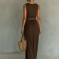 Women's Minimalist Cowl Neck Sleeveless Belted Maxi Dress MDZ1262A0Y