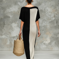 Women's Minimalist Knitted Boat Neck Short-sleeved Maxi Dress MDZ0969A4Y