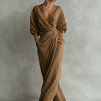 Women's Pink Minimalist V-neck Linen Blend Maxi Dress MDA1655L0Y