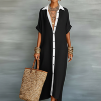 Women's Minimalist Linen Blend Short-sleeved Shirt Maxi Dress MDZ0647A2Y