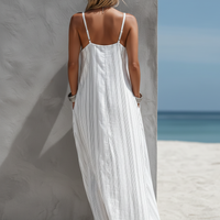 Women's Casual White Vertical Striped Woven Sleeveless Loose Long Dress MDZ0324C9AN