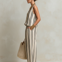 Women's Casual Black And White Striped Woven V-Neck Sleeveless Top With Trousers MDZ1701D4LXY