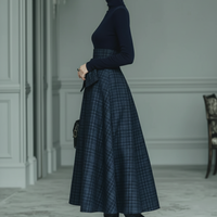 Women's Dark Blue High Elastic Knit And Plaid Wool Skirt Set MDA2592J7T