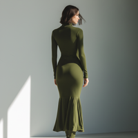 Women's Army Green Stretch Knit High Neck Pleated Slim Fit Maxi Dress MDA0556K1T