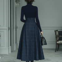 Women's Dark Blue High Elastic Knit And Plaid Wool Skirt Set MDA2592J7T