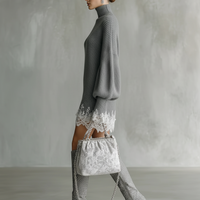 Women's Grey Knitted White Lace Turtleneck Comfortable Mini Dress MDA1157J5T