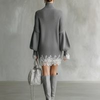 Women's Grey Knitted White Lace Turtleneck Comfortable Mini Dress MDA1157J5T