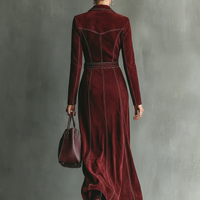 Women's Burgundy Retro Faux Suede Color-Contrast Maxi Dress MDA1321J3T