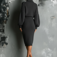 Women's Charcoal Chic Knit Turtleneck Oversized Knit Midi Dress MDA1624J6I