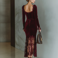 Women's Burgundy Velvet Lace Fitted Maxi Dress MDA1190J4T