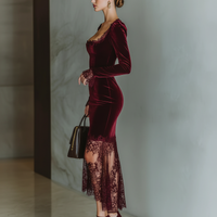 Women's Burgundy Velvet Lace Fitted Maxi Dress MDA1190J4T