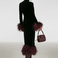 Women's Minimalist Velvet Patchwork Faux Ostrich Feather Cuffs And Hem Maxi Dress MDA1174J9Y