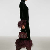 Women's Minimalist Velvet Patchwork Faux Ostrich Feather Cuffs And Hem Maxi Dress MDA1174J9Y