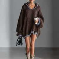 Women's Loose Hooded Pink Trimmed Knit Mini Dress MDA0255I8Y