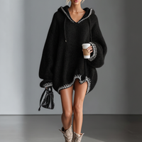 Women's Loose Hooded Pink Trimmed Knit Mini Dress MDA0255I8Y