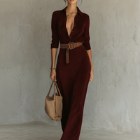 Women's Suede Single-breasted Lapel Belt Maxi Dress MDA1205H8Y