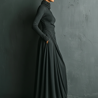 Women's Charcoal Elegant Stretch Polyester-Cotton Blend Turtleneck Draped Maxi Dress MDA1727J1I