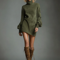 Women's Vintage Loose Suede Turtleneck Mini Dress MDA1693H3Y