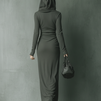 Women's Dark Grey High Elastic Knitted Hooded Maxi Dress MDA1303J1T