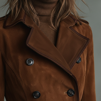 Women's Suede Trim Double-breasted Lapel Long Coat MDA2580H6Y