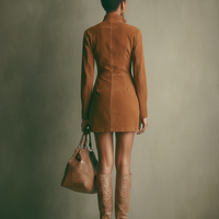 Women's Caramel Brown Faux Suede Stand Collar Zipper Mini Dress MDA2432I8T