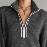 Women's Fashion Loose Knit White Trim Zipper Polo Neck Mini Dress MDA0774H6Y