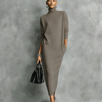 Women's Elegant Black Knitted Turtleneck Long-sleeved Loose-fitting Midi Dress With No Pockets MDA1974L7AN