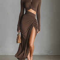 Women's Fashionable Brown Knitted Stretch Long-sleeved Dress MDA1939L9AN