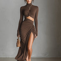 Women's Fashionable Brown Knitted Stretch Long-sleeved Dress MDA1939L9AN