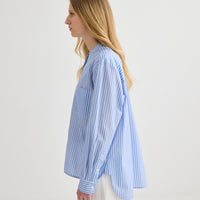 Striped Collarless Shirt - Oxford Blue