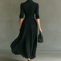 Women's Solid Color Pleated Lapel Waist Long Sleeve Maxi Dress MDA0826G1Y