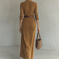 Women's Suede Single-breasted Lapel Belt Maxi Dress MDA1205H8Y