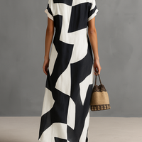 Women's Cotton And Linen Blend Irregular Geometric Print Lapel Single-Breasted Short-Sleeved Maxi Shirt Dress MDA1689G1Y