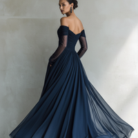 Women's Elegant Dark Blue Chiffon Organza Off-shoulder Long-sleeved Fitted Maxi Dress MDA1711L9AN