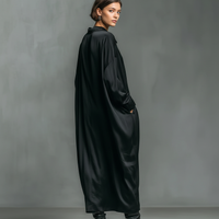 Women's Fashionable Casual Black Glossy Satin Long-sleeved Loose-fitting Maxi Dress With Pockets MDA2476K9AN