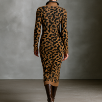 Women's Fashion Leopard Jacquard Knit Zipper Neck Midi Dress MDA2579H3Y