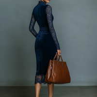 Women's Fashionable And Elegant Dark Blue Velvet Slim-fit V-neck Midi Dress With Lace Trim At The Neckline And Sleeves MDA2937K1AN