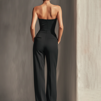 Women's Black Strapless Jumpsuit With Contrast White Vertical Stripe & Side Pockets MDZ0336C7T