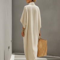 Women's Oatmeal Linen Dress With Mandarin Collar & Dolman Sleeves, Timeless Resort-Casual Style Dress MDZ0552B1I