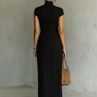 Women's Minimalist Cheongsam Collar Cap Sleeves Side Slit Maxi Dress MDZ0569C3Y