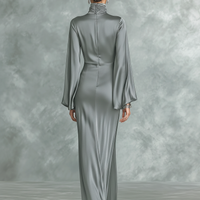 Women's Fashionable Grey Satin High-neck Long-sleeved Loose-fitting Maxi Dress MDZ0690A0AN