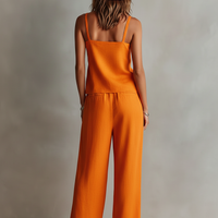 Women's Orange Linen Two-Piece Set With Square Neck Cami Top & Tie-Waist Wide-Leg Pants, Timeless Boho-Resort Style Set MDZ0825D5I