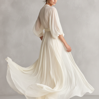 Women's Ivory Sheer Chiffon Dress With Puff Sleeves & Wrap Detail, Timeless Romantic-Luxe Style Dress MDZ0932A1I