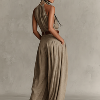 Women's Taupe Cotton-Blend Jumpsuit With Halter Neck & Wide-Leg Silhouette, Timeless Boho-Elegant Style Jumpsuit (Without Belt) MDZ0940C3I